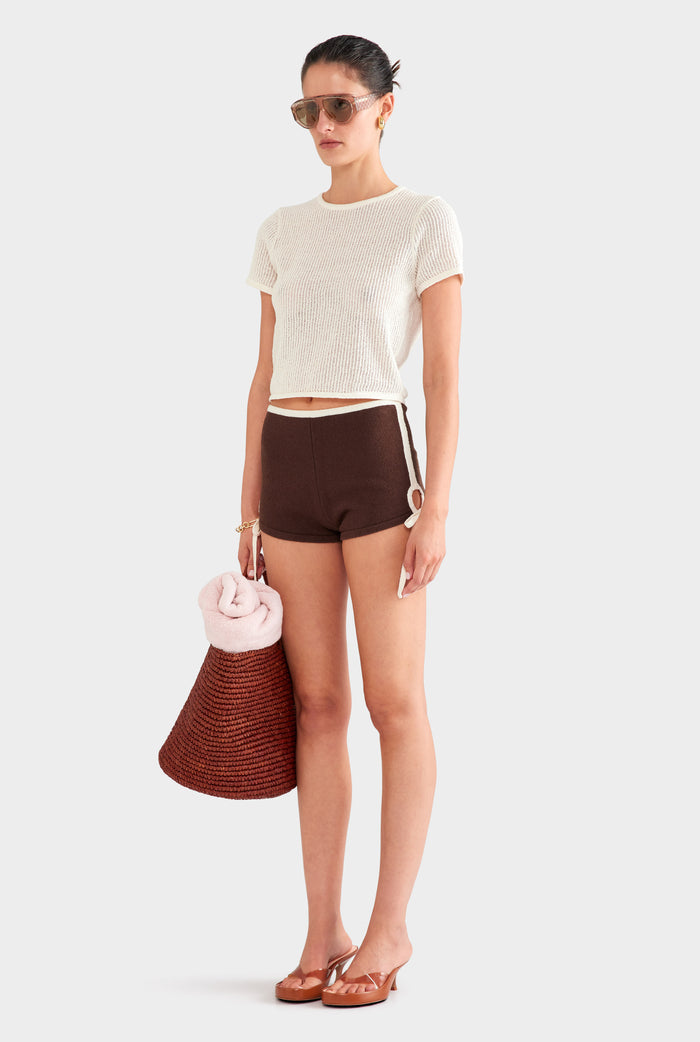 Terry Knit Tie Short - Chocolate/White