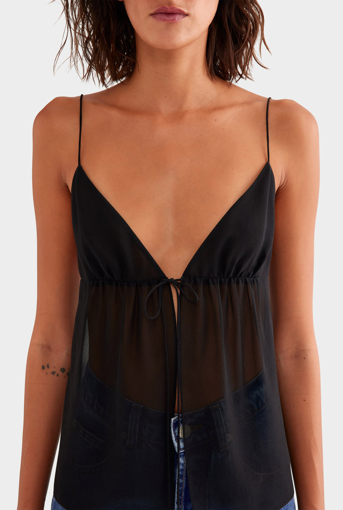Tie Front Silk Georgette Cami - Black