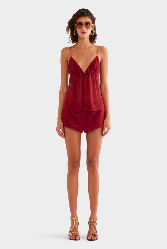 Tie Front Silk Georgette Cami - Pomegranate