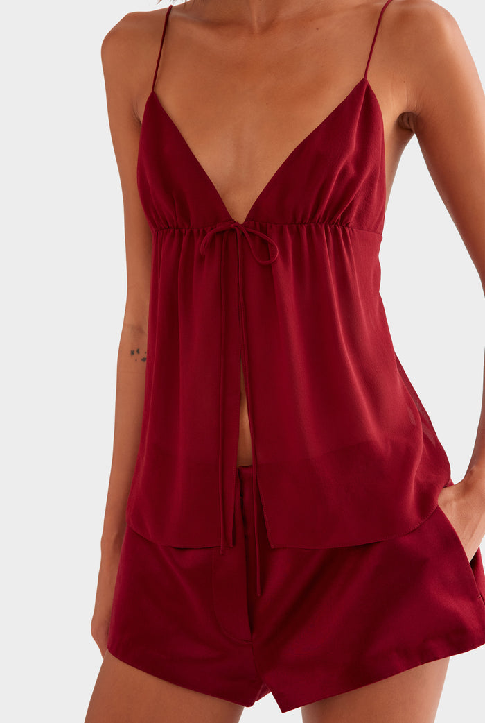 Tie Front Silk Georgette Cami - Pomegranate