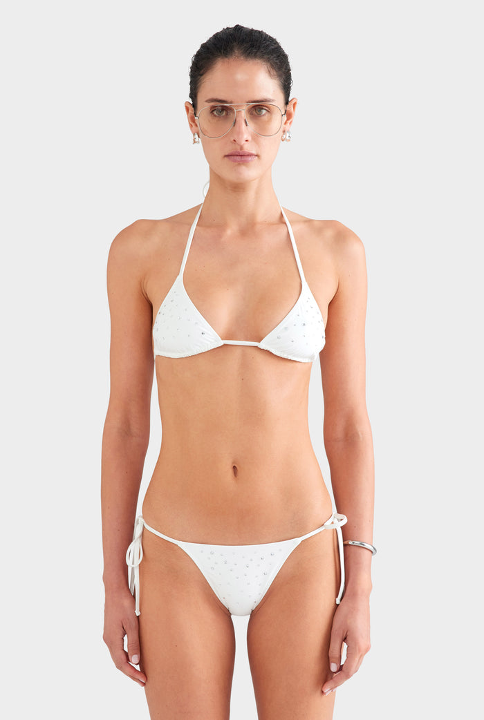 Tie Side Bikini Brief - White/Hotfix Crystals