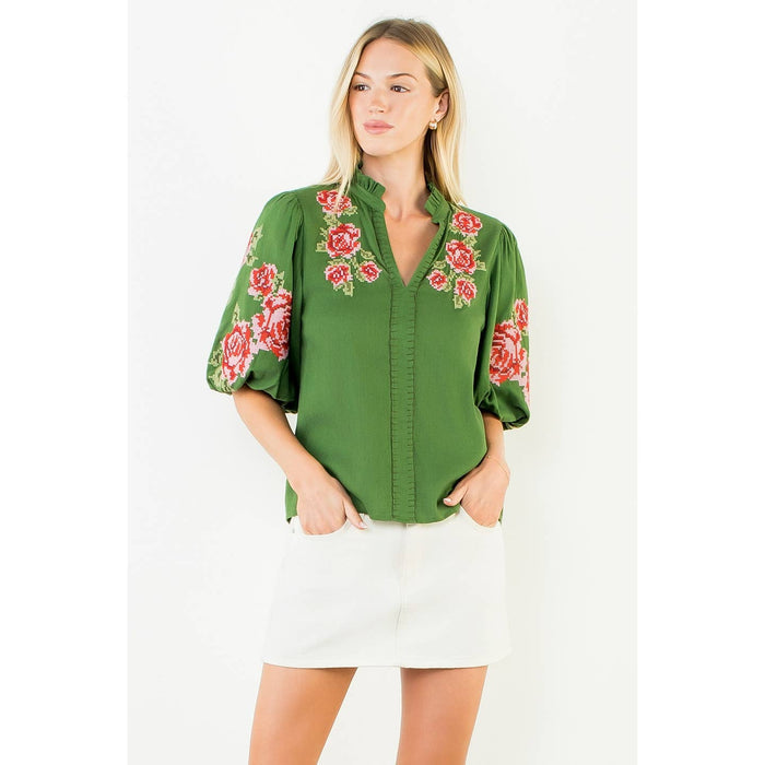 THML V-Neck Top with Floral Embroidery | Green