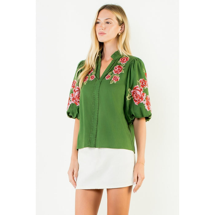 V-Neck Top with Floral Embroidery | Green