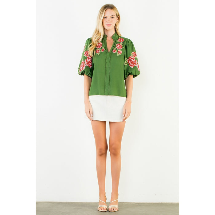 V-Neck Top with Floral Embroidery | Green