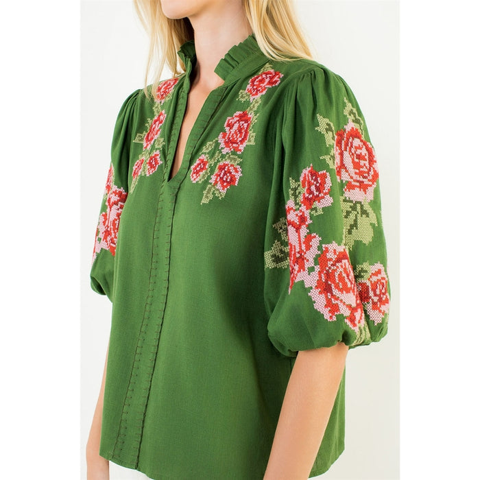 V-Neck Top with Floral Embroidery | Green