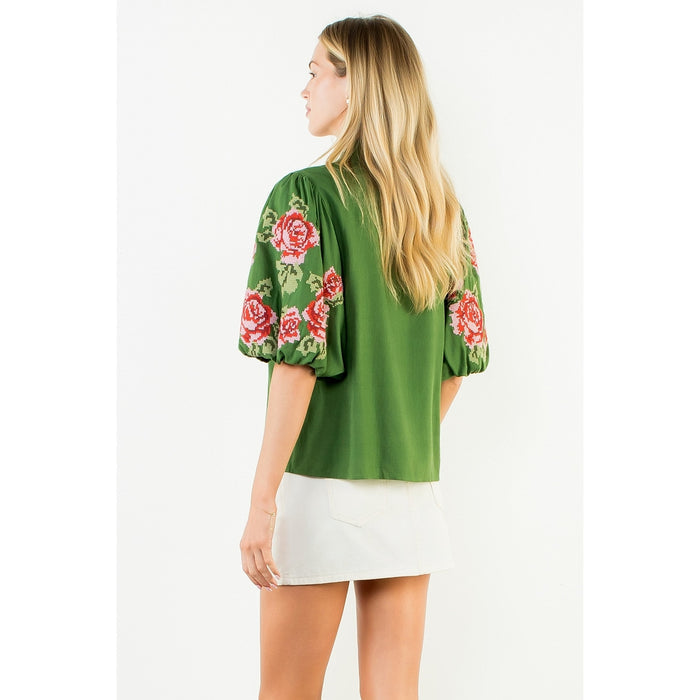 V-Neck Top with Floral Embroidery | Green