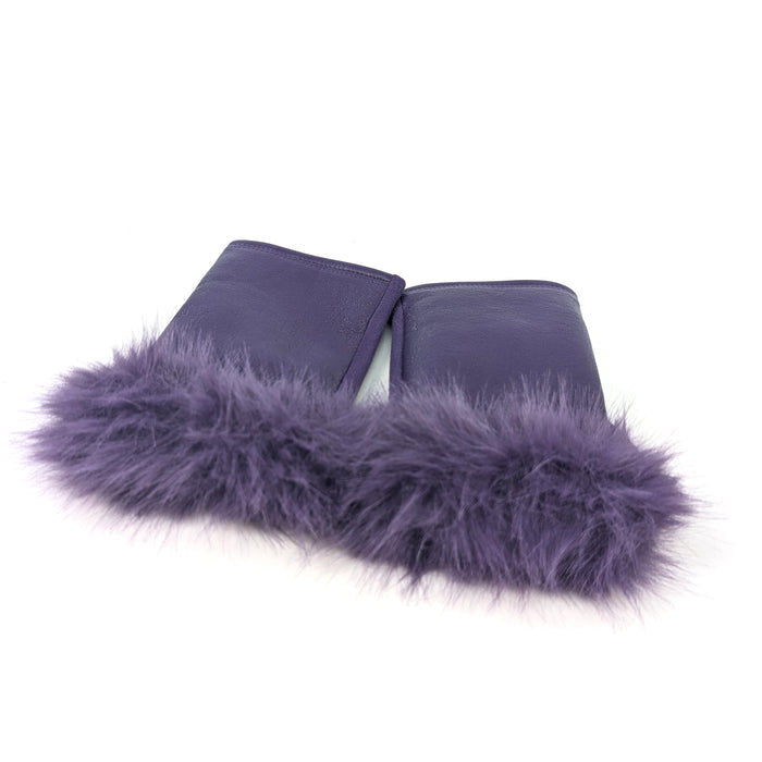 Vegan Leather and Faux Fur Fingerless Gloves - Purple