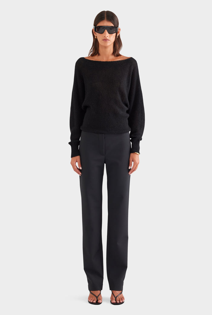 Wool Mohair Boat Neck Sweater - Black