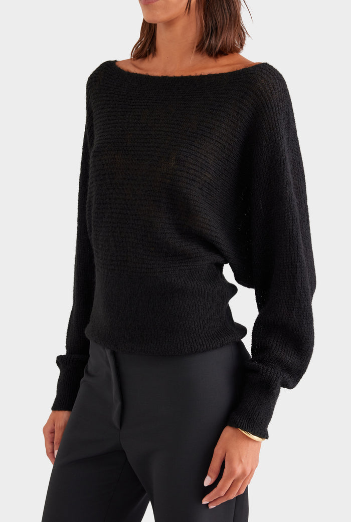 Wool Mohair Boat Neck Sweater - Black