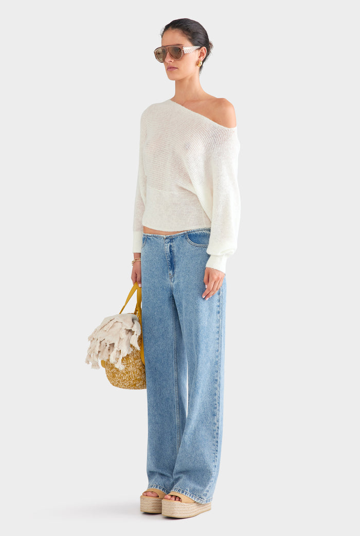 Wool Mohair Boat Neck Sweater - Off White