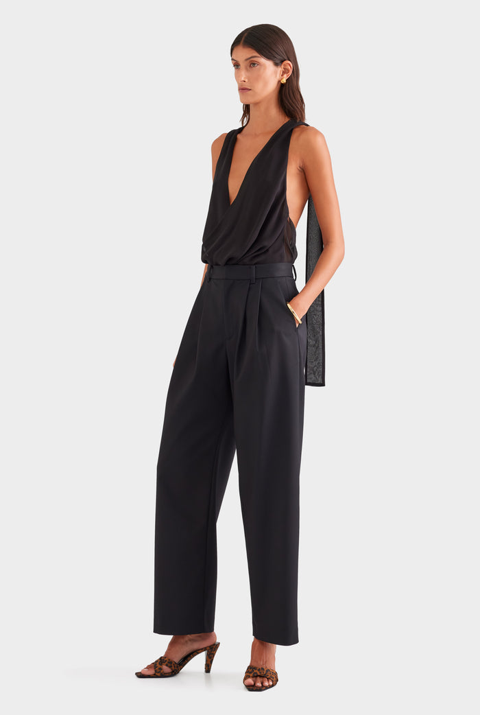 Wool Twill Tapered Pleat Trouser - Black
