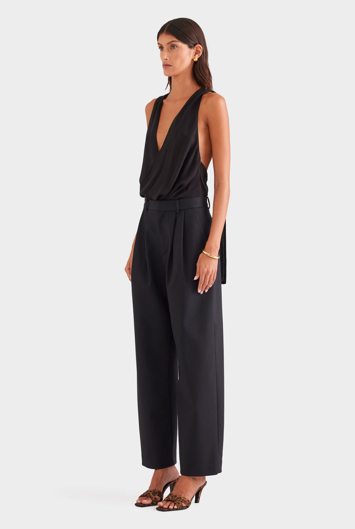 Wool Twill Tapered Pleat Trouser - Black